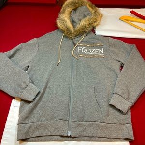 Disney FROZEN gray fur trim hoodie full ZIP “The Musical Worth Melting For” MED